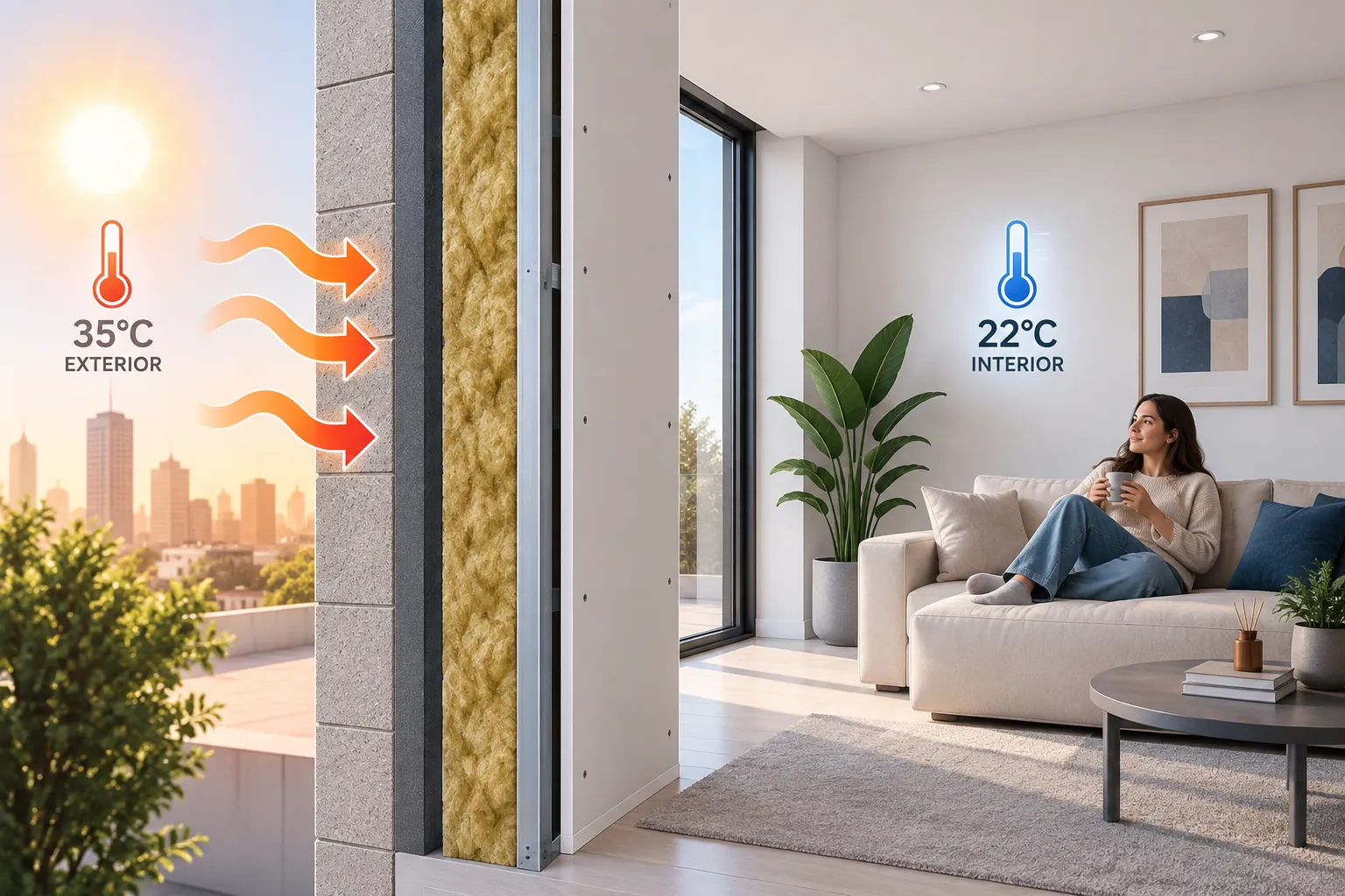 Sección de pared con aislamiento térmico que mantiene 22 grados en el interior con 35 grados en el exterior